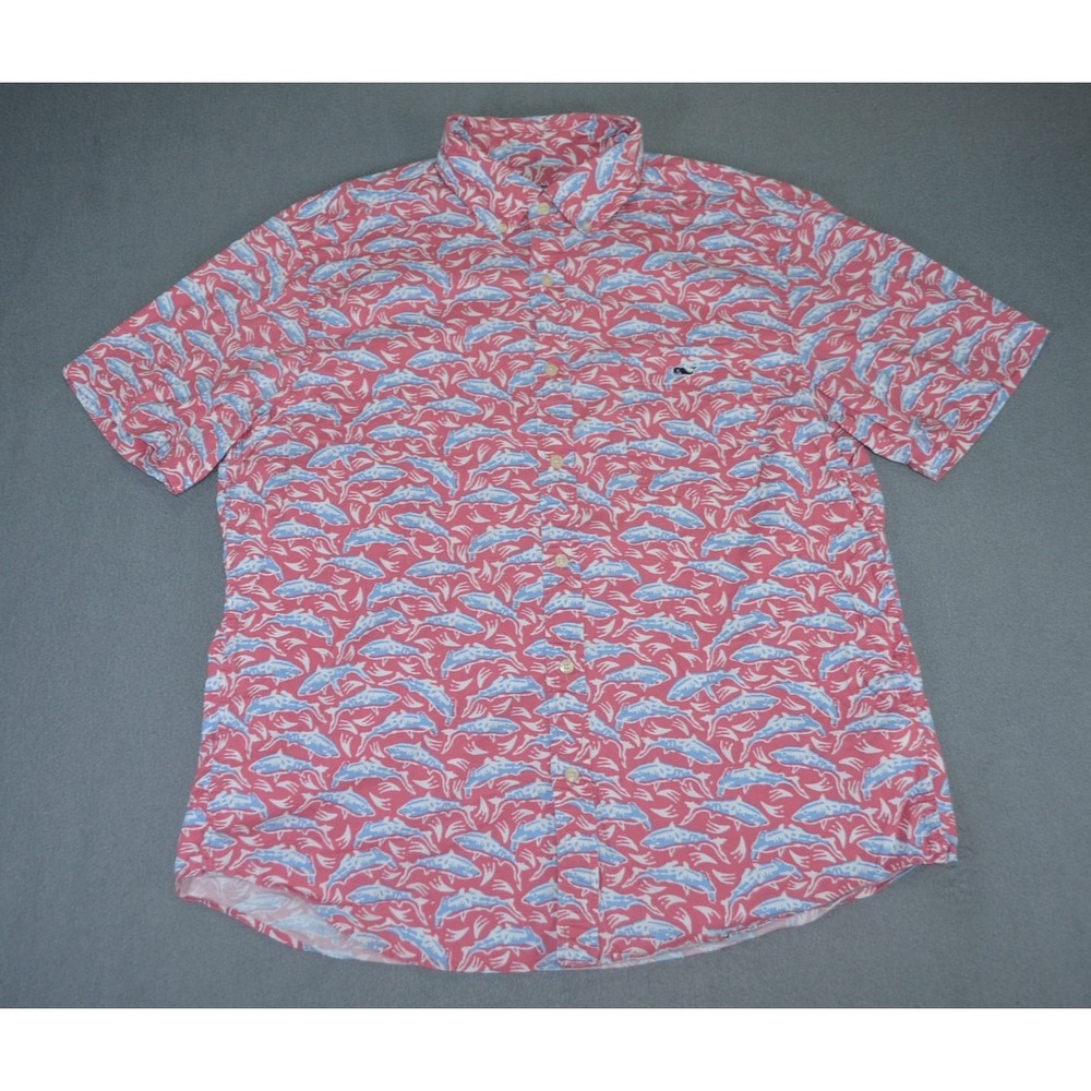 Vineyard Vines Classic Fit Tucker Shirt Men L Pink Blue Fish Print Short Sleeve